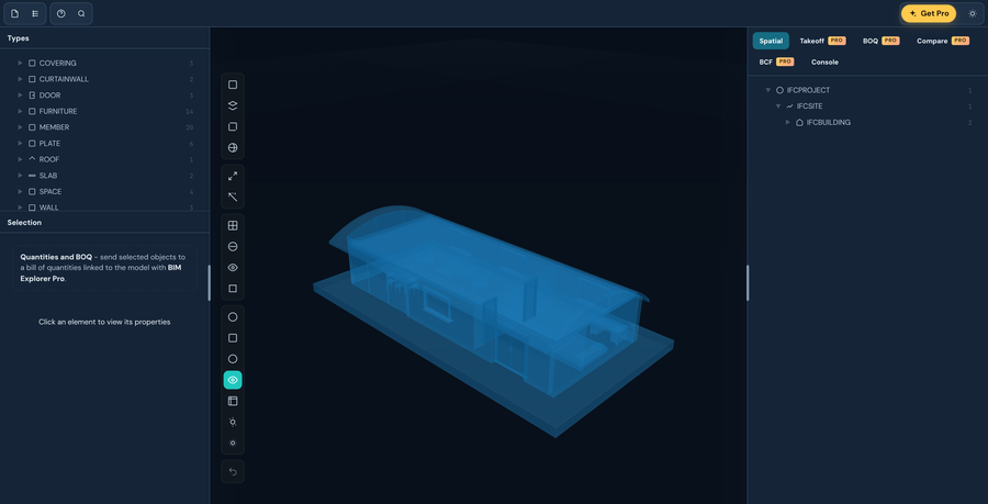The sample building in x-ray display mode in BIM Explorer's dark theme