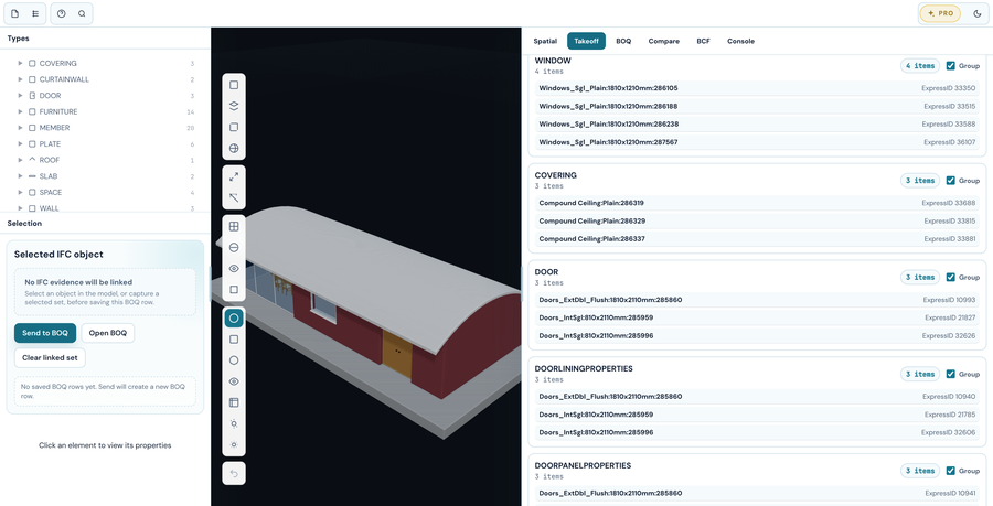 BIM Explorer Pro's quantity takeoff grouped by IFC type