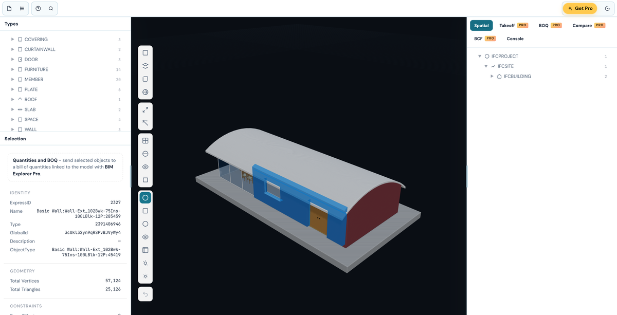 BIM Explorer showing a 3D building model with the model tree and element properties