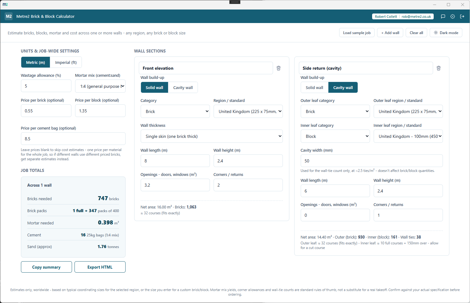 Metre2 Brick & Block Calculator showing a solid brick wall and a cavity wall with job totals