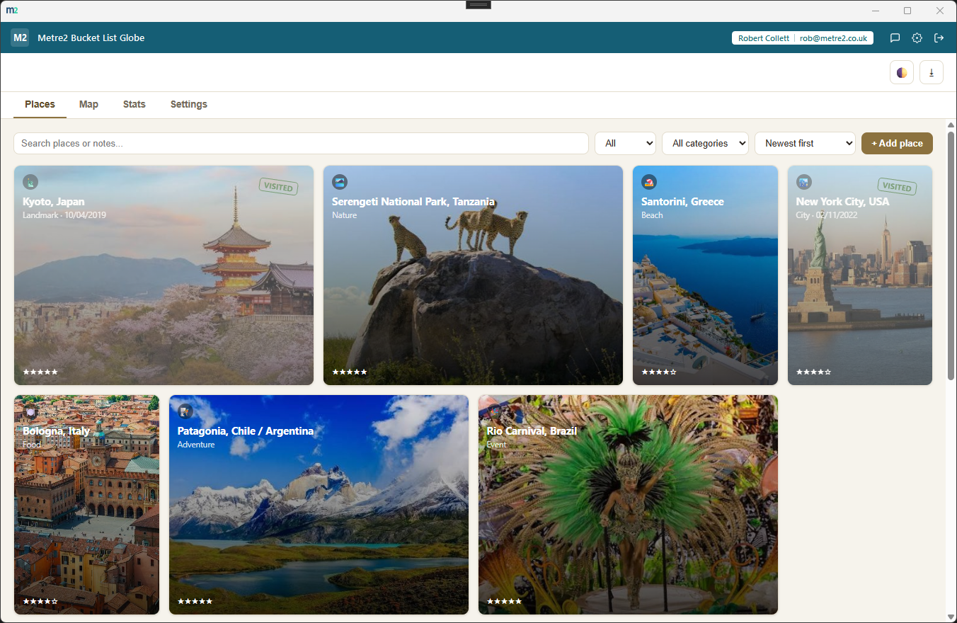 Metre2 Bucket List Globe's Places tab showing a mosaic grid of travel wishlist cards with full-bleed photos, each showing a name, category, visited stamp where applicable and an excitement star rating