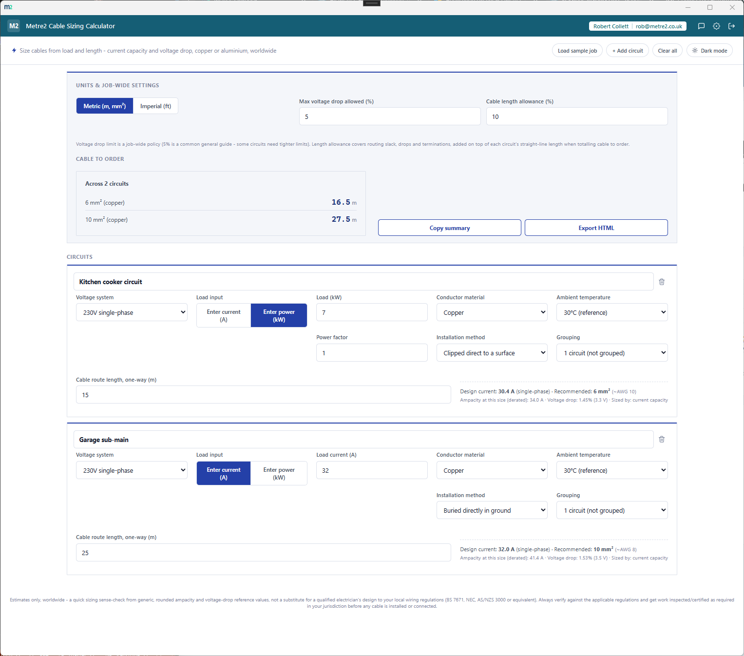 Metre2 Cable Sizing Calculator showing two circuits with derating settings and a cable-to-order totals panel