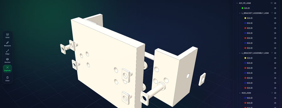 3D Viewer showing a STEP assembly pulled apart in the exploded view