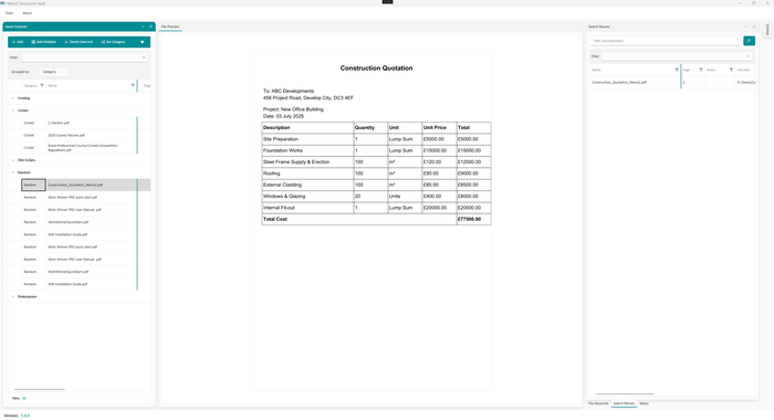 Document Vault showing a searchable collection of PDFs