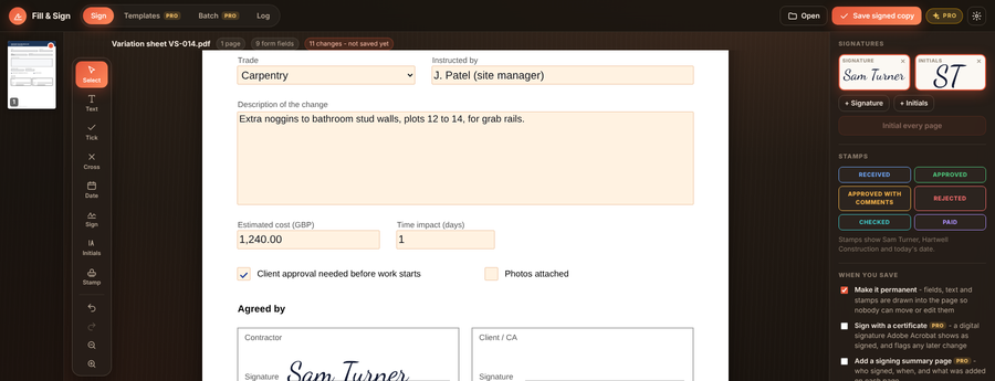 Metre2 Fill & Sign PDF with a variation sheet filled in, signed and dated