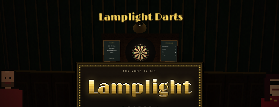 Lamplight Darts' title screen - a dartboard in its cabinet under the lamp with the gold pixel-art Lamplight title