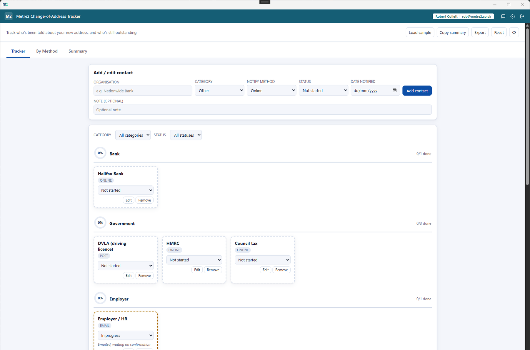 Change-of-Address Tracker's Tracker tab showing organisations grouped by category with a completion ring per category