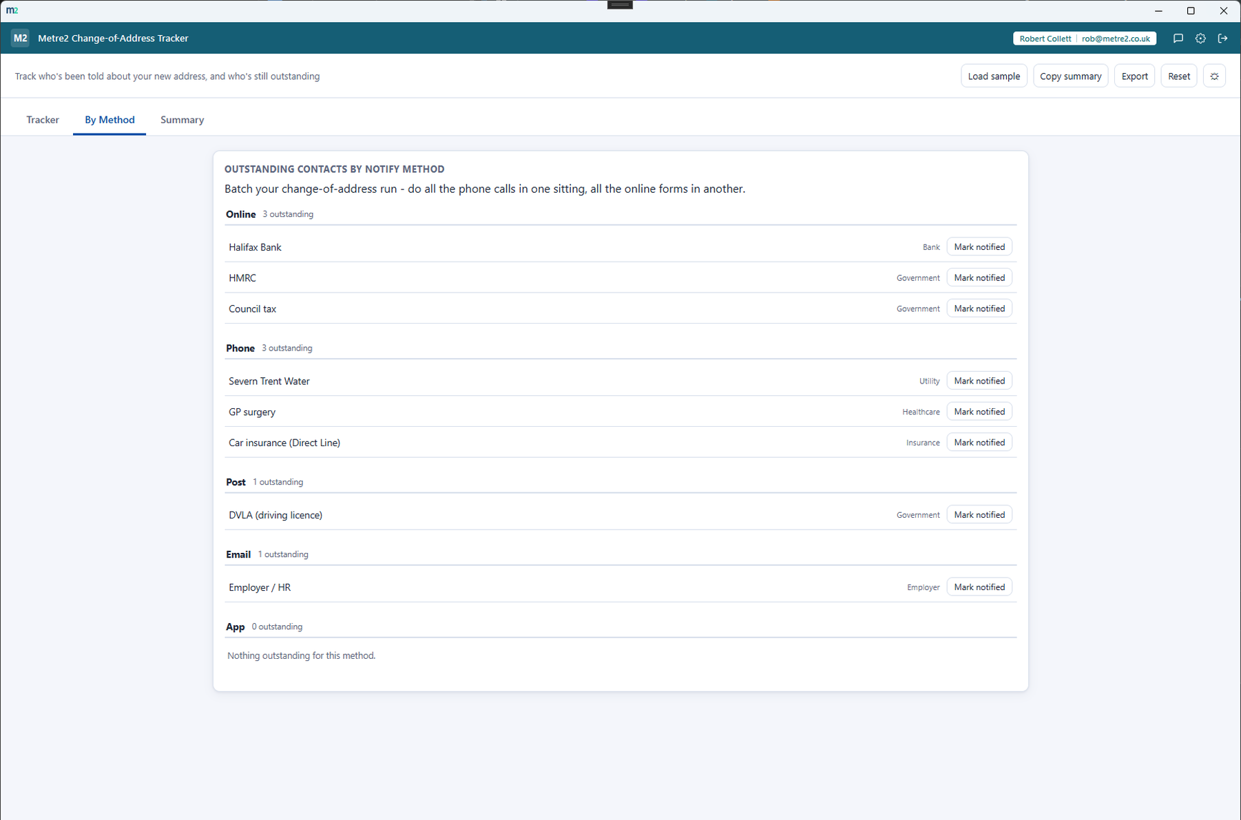 Change-of-Address Tracker's By Method tab showing outstanding contacts batched by notify method