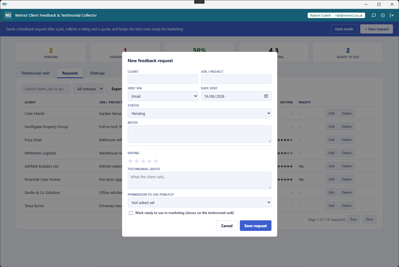 Metre2 Client Feedback & Testimonial Collector's New feedback request modal with client, job and channel fields and a 'mark ready to use in marketing' checkbox