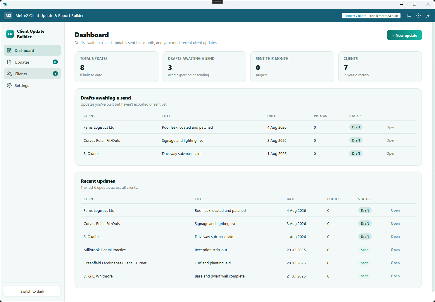 Client Update & Report Builder's Dashboard showing headline stats, drafts awaiting a send and recent updates