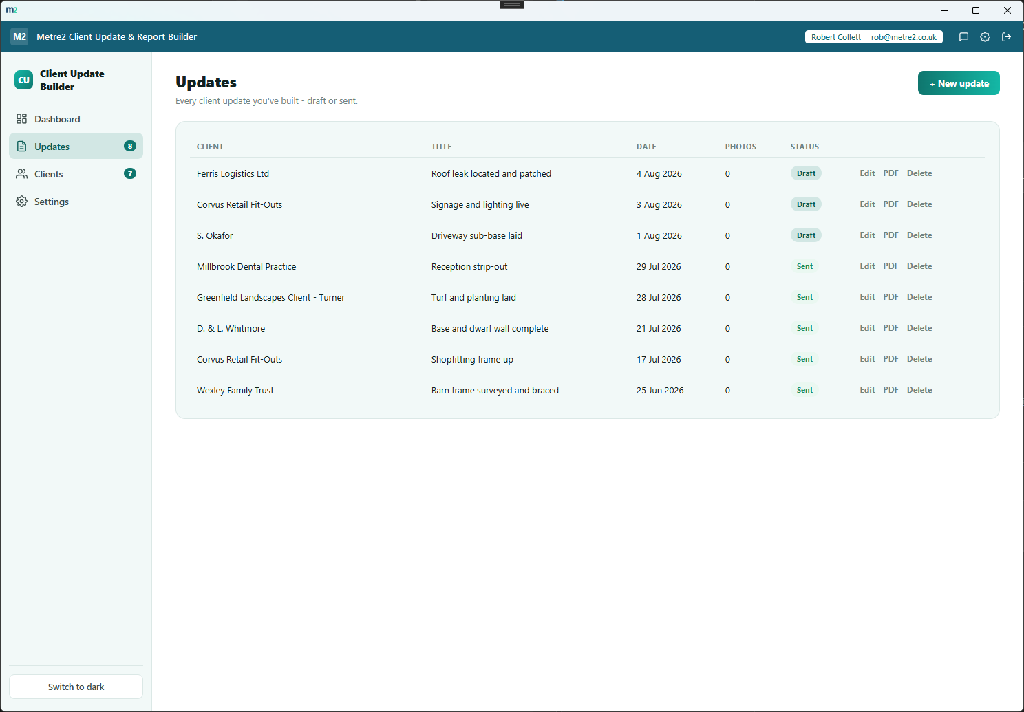 Client Update & Report Builder's Updates page showing every update with client, title, date, photo count and status