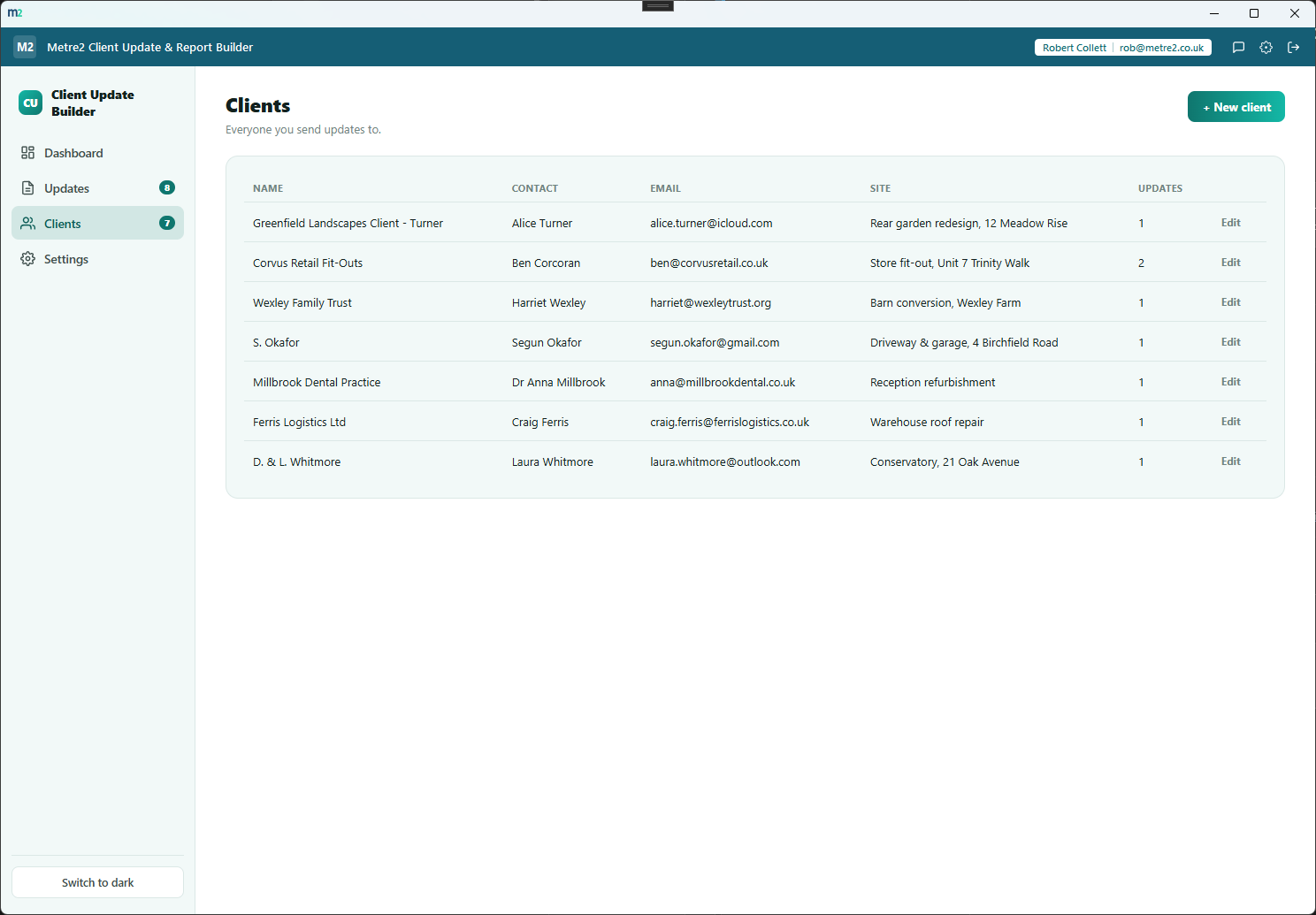 Client Update & Report Builder's Clients page showing the client directory with contact details and update counts