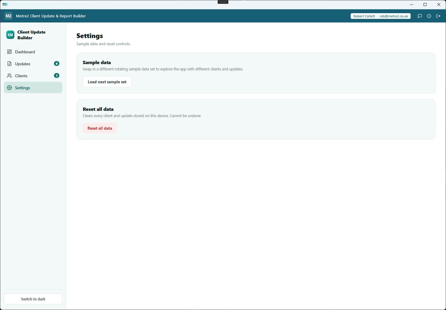Client Update & Report Builder's Settings page showing sample data and reset controls