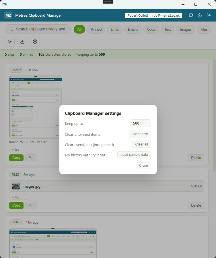 Clipboard Manager settings panel open over the history feed, with adjustable history size, clear-unpinned, clear-all, and load sample data controls