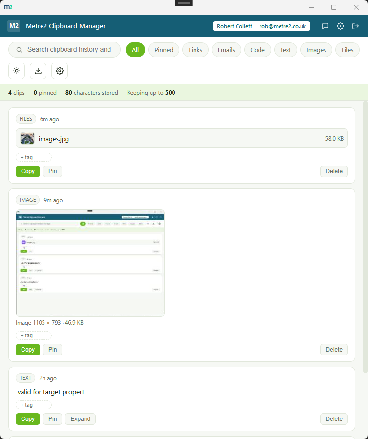 Metre2 Clipboard Manager showing a vertical feed of clipboard history cards - a files clip with a real image thumbnail, an image clip with a screenshot preview, and a text clip - above a search box and type filter chips