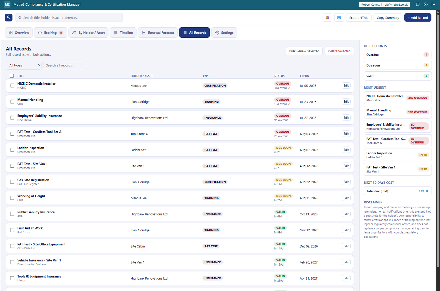 Compliance & Certification Manager's All Records workspace with search, filters, bulk renew and bulk delete