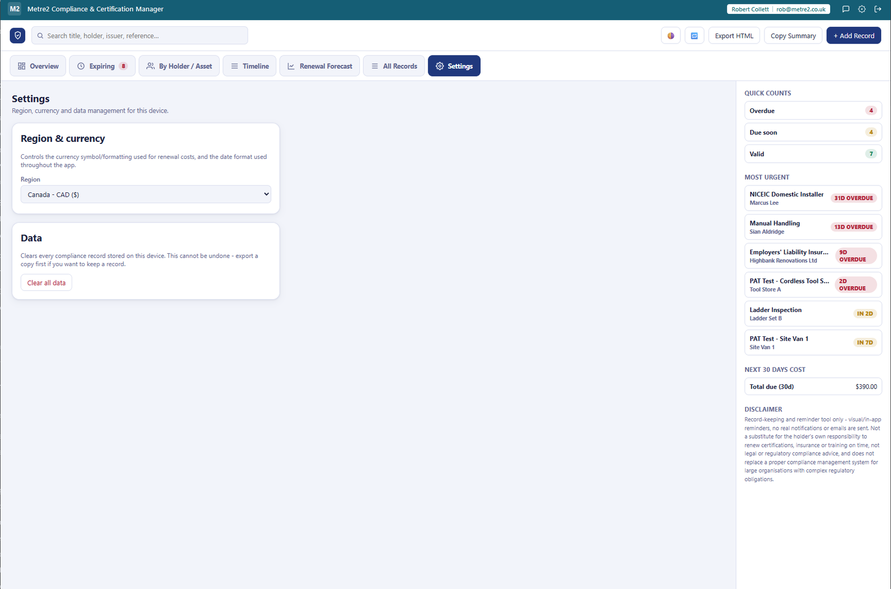 Compliance & Certification Manager's Settings page showing the region/currency selector and the clear-all-data control
