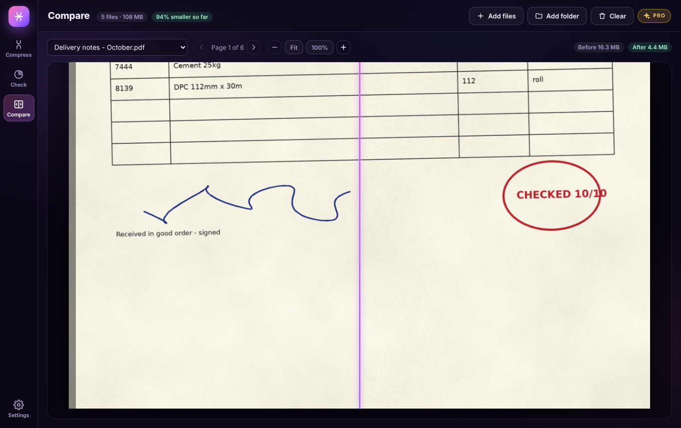 A colour scanned delivery note compared before and after, zoomed in on the signature and the red stamp