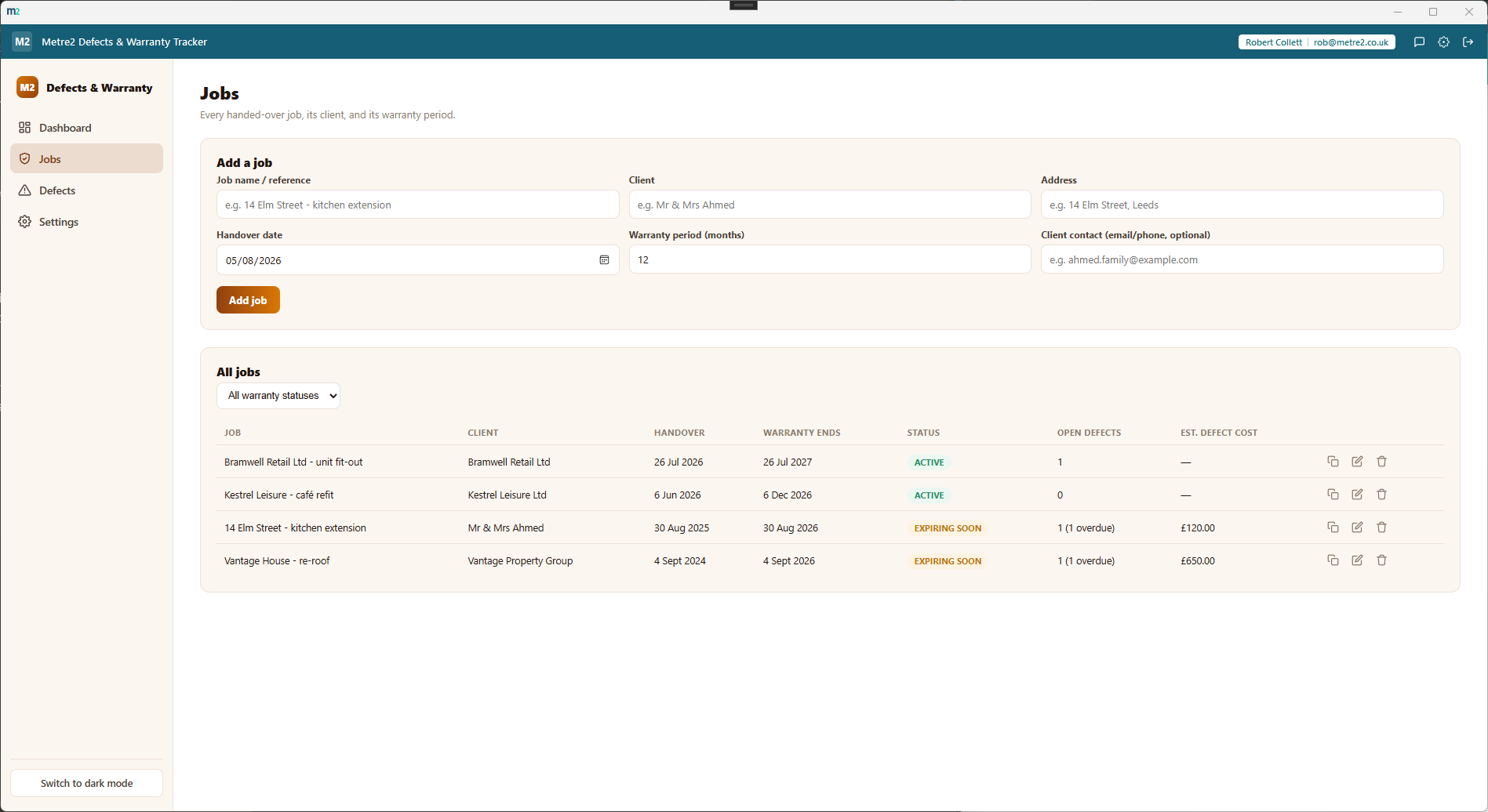 Defects & Warranty Tracker's Jobs page showing every handed-over job with its warranty period, status and estimated defect cost