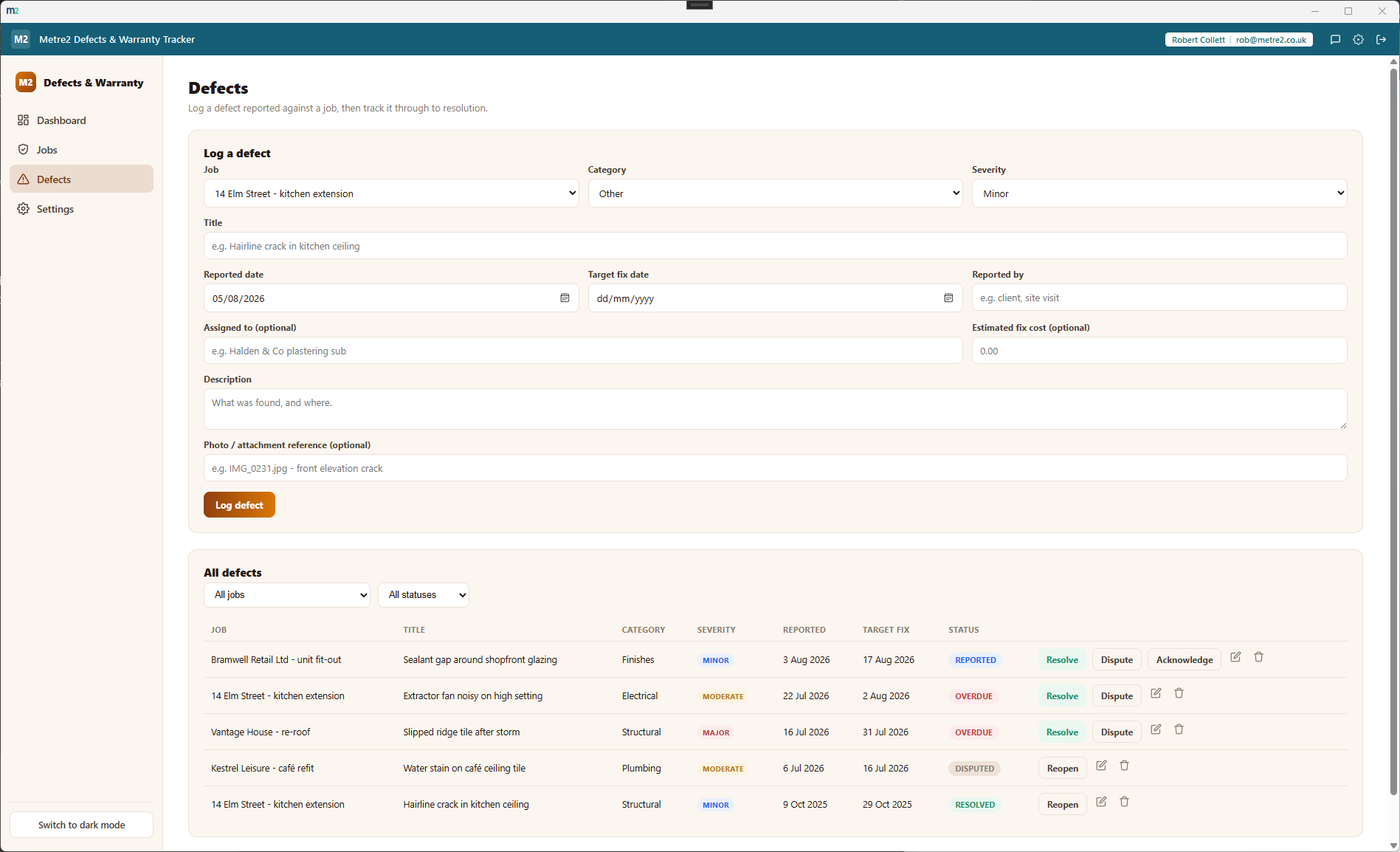 Defects & Warranty Tracker's Defects page showing the defect log form and the full defect workflow with resolve, dispute and acknowledge actions
