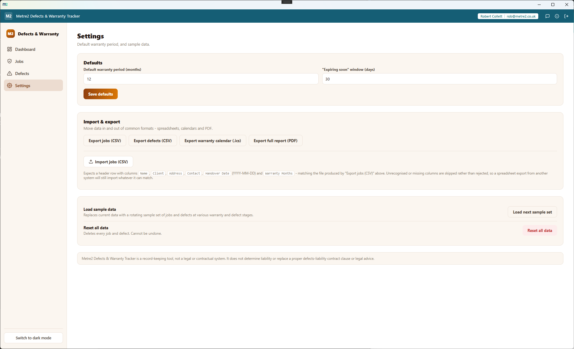 Defects & Warranty Tracker's Settings page showing default warranty period, CSV/ICS/PDF import and export options, and sample data controls