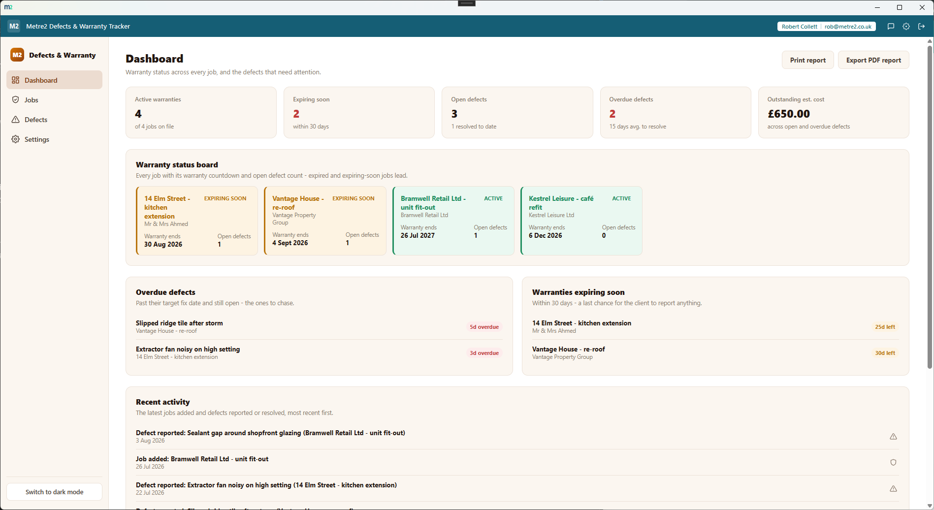 Metre2 Defects & Warranty Tracker showing the warranty status board with job warranty countdowns and open defect counts