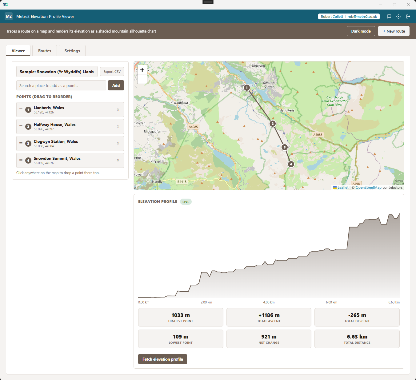 Metre2 Elevation Profile Viewer's Viewer tab showing a Snowdon (Yr Wyddfa) Llanberis Path route, with its point list, map and mountain-silhouette elevation chart