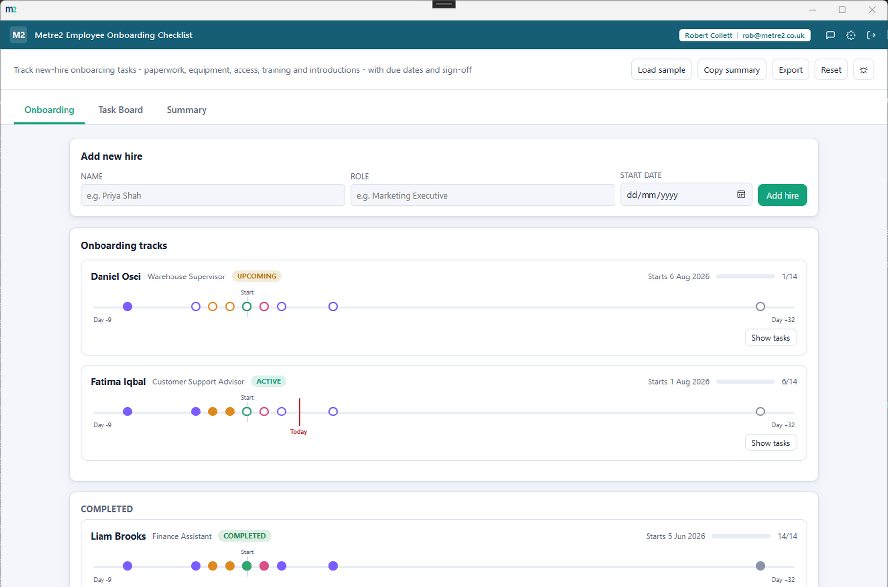 Employee Onboarding Checklist's Onboarding tab showing each hire's day-relative onboarding track with task markers colour-coded by category