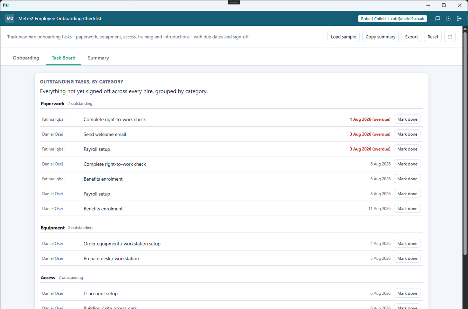 Employee Onboarding Checklist's Task Board tab showing outstanding tasks grouped by category across all hires