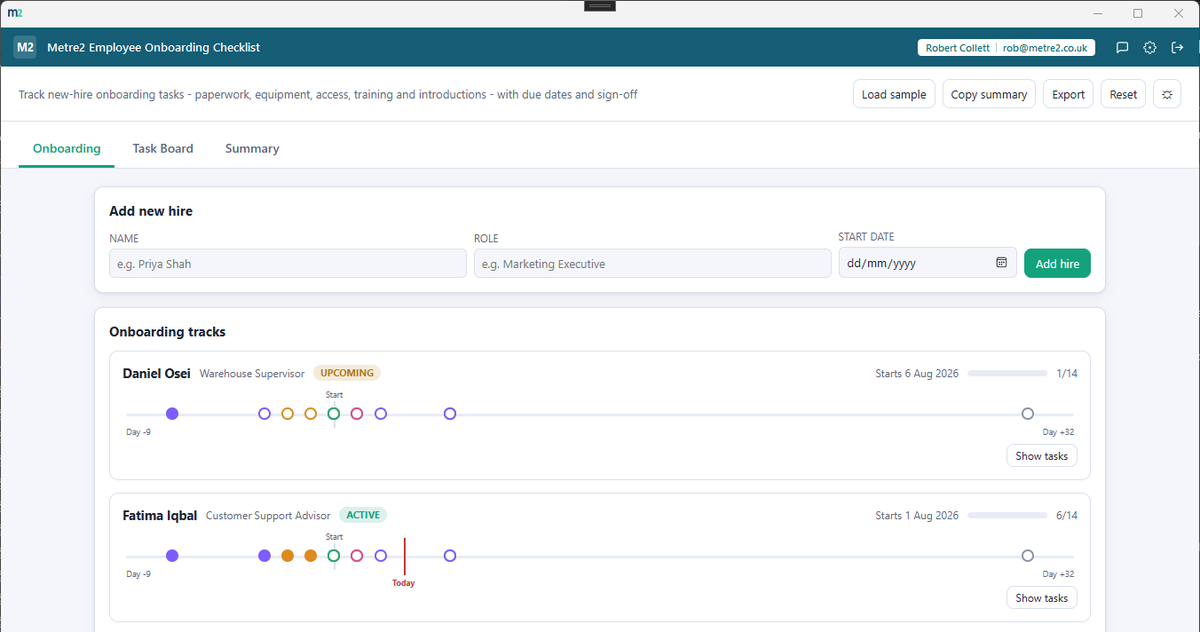 Metre2 Employee Onboarding Checklist showing the per-hire onboarding track