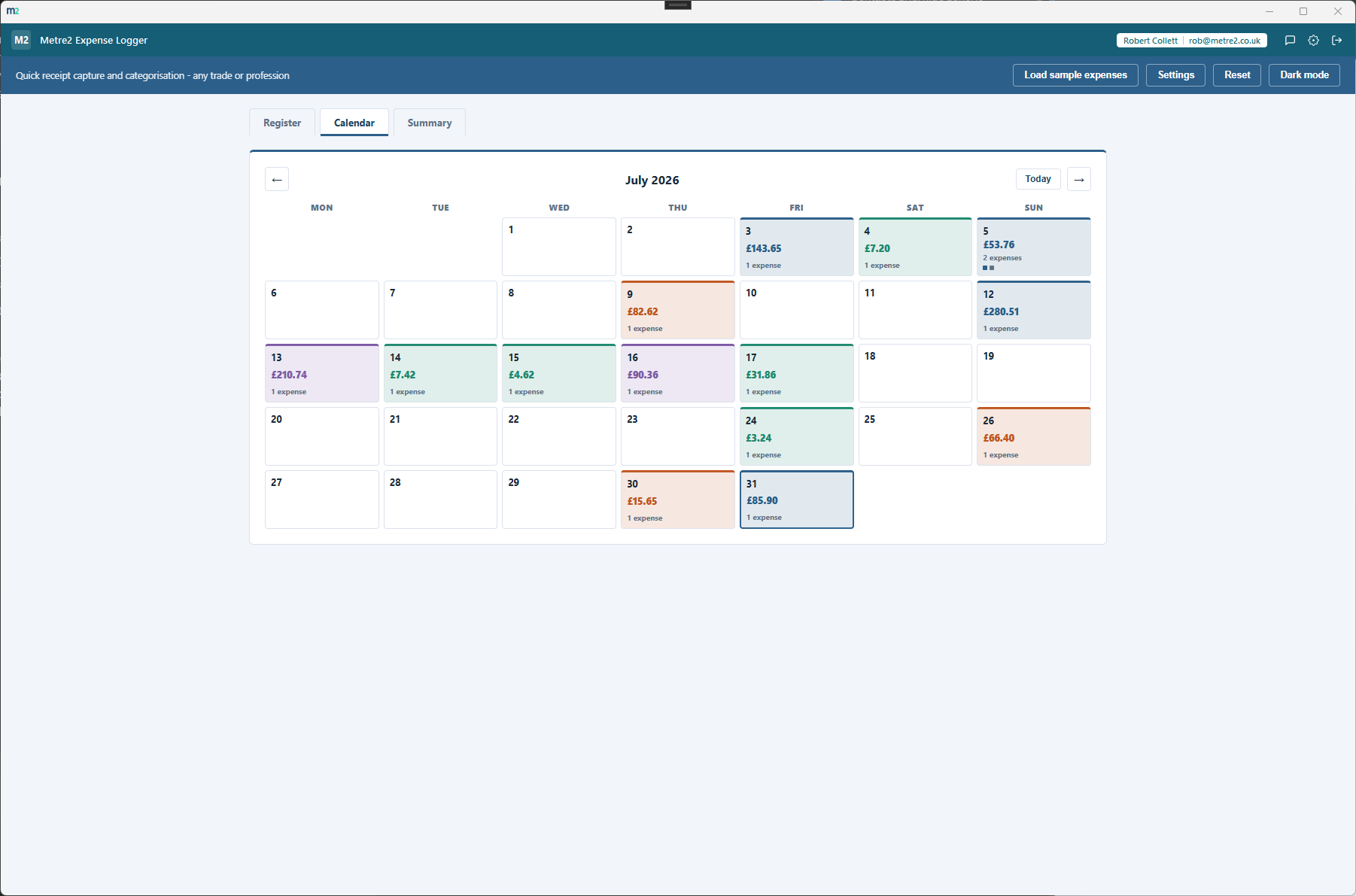The Calendar tab showing daily spend across a month, colour-coded by category