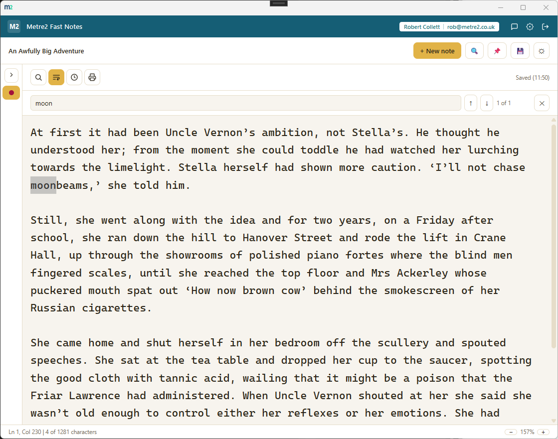Find bar open in light theme, with the search term 'moon' highlighted in the note text