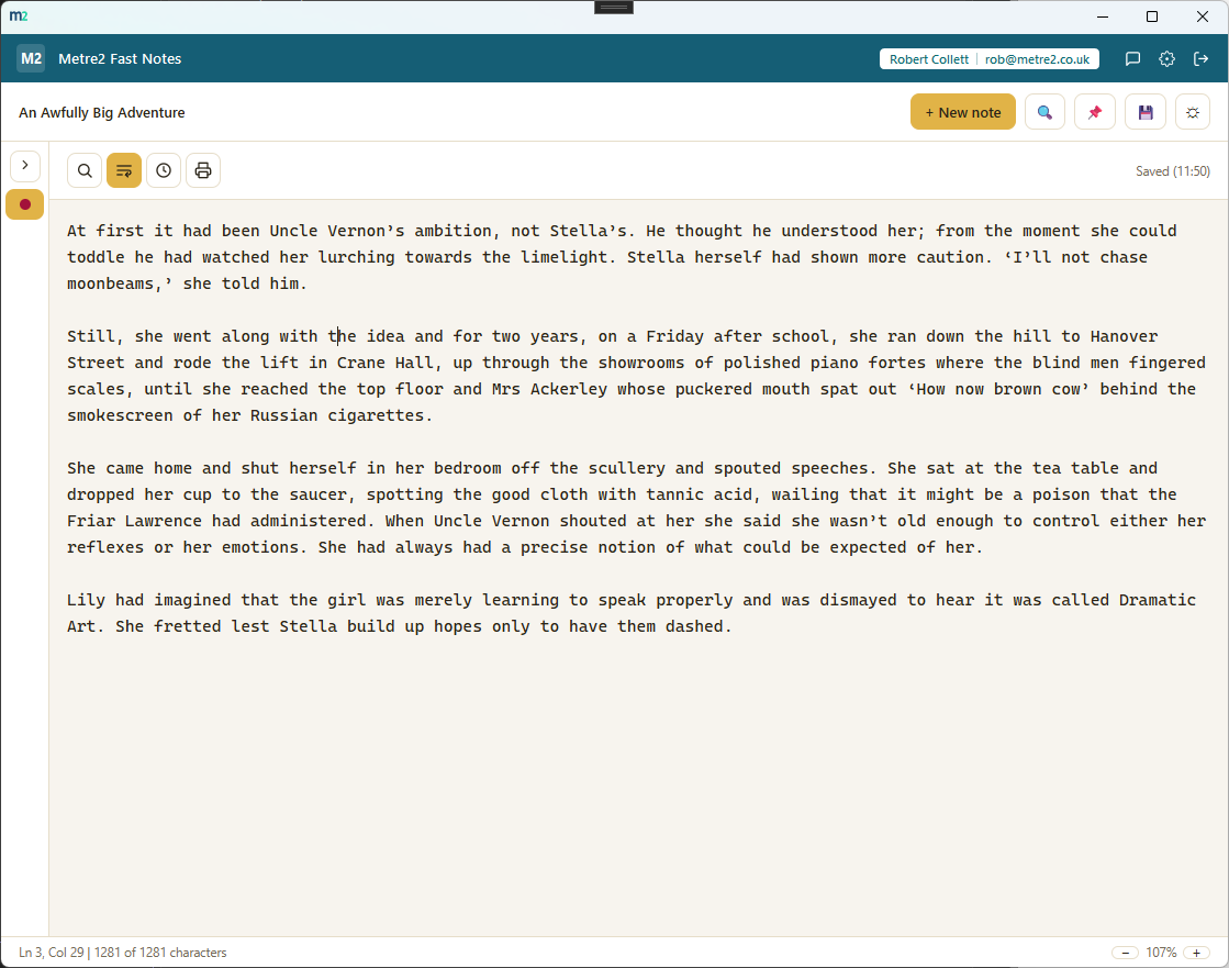 Metre2 Fast Notes in light theme, showing the colour-coded tab rail next to an open note with the status bar visible