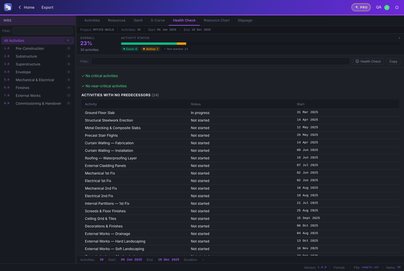A P6 XER programme health check in dark mode