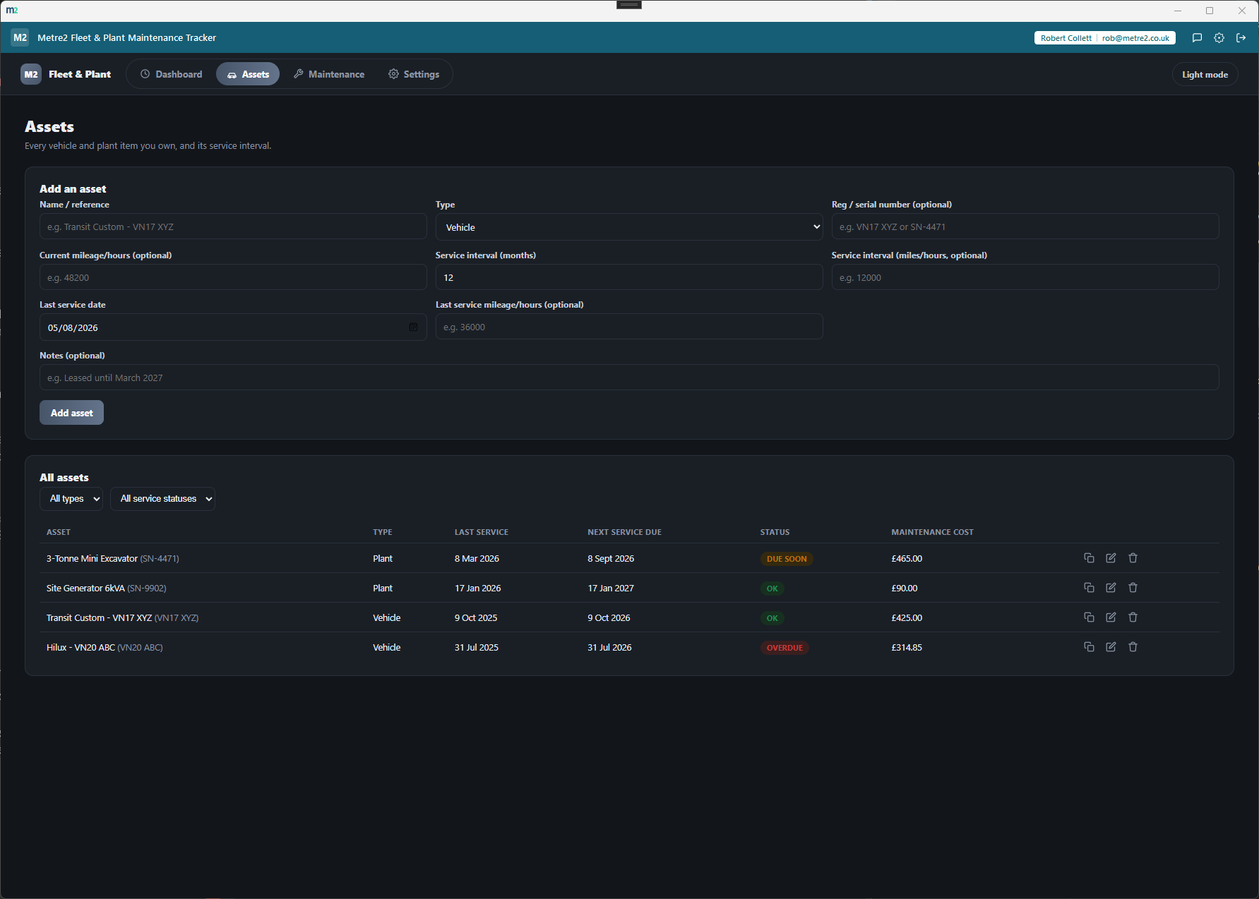 Fleet & Plant Maintenance Tracker's Assets page showing the add-asset form and a filterable table of every owned vehicle and plant item