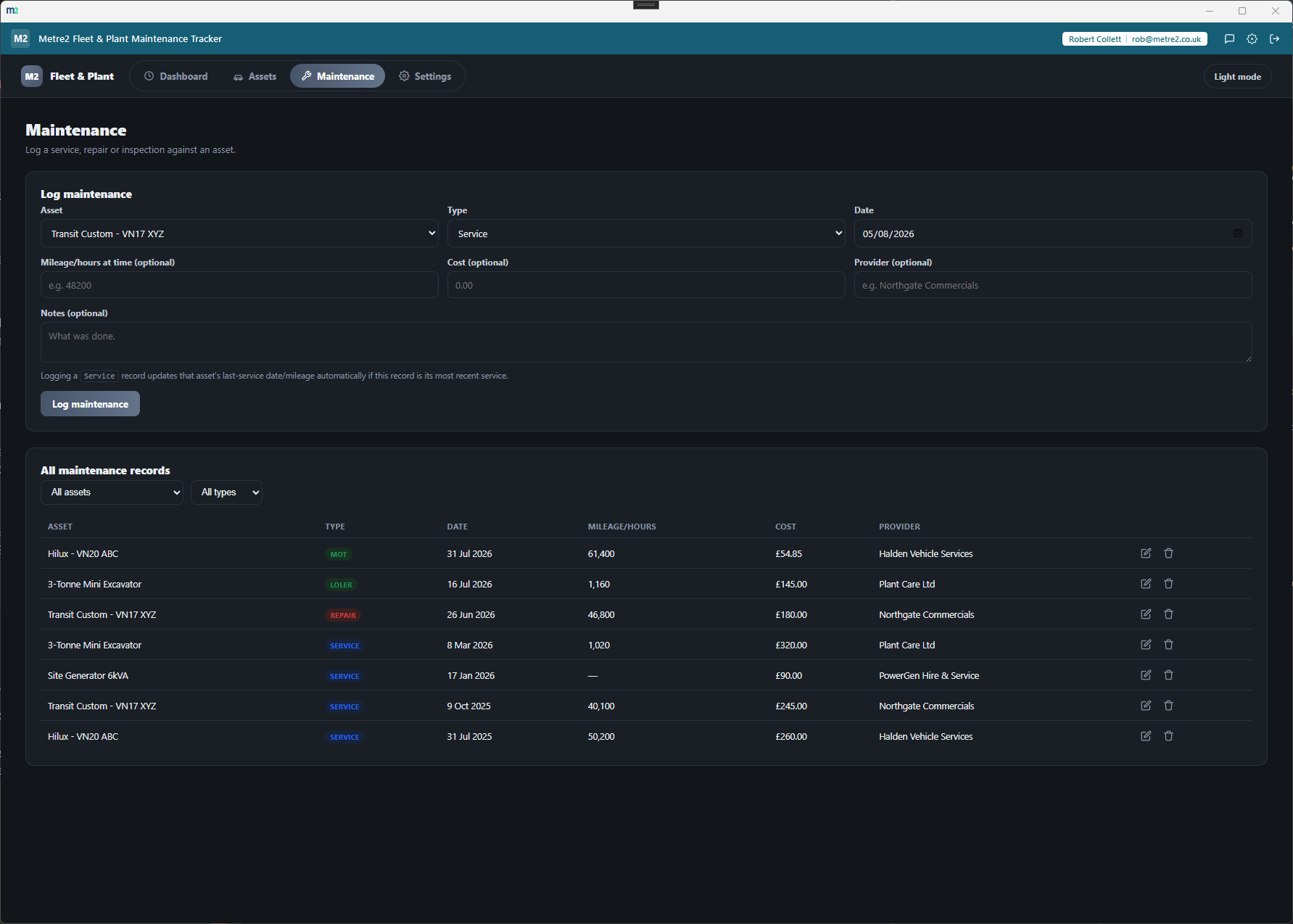 Fleet & Plant Maintenance Tracker's Maintenance page showing the log-maintenance form and a filterable table of service, repair and inspection records