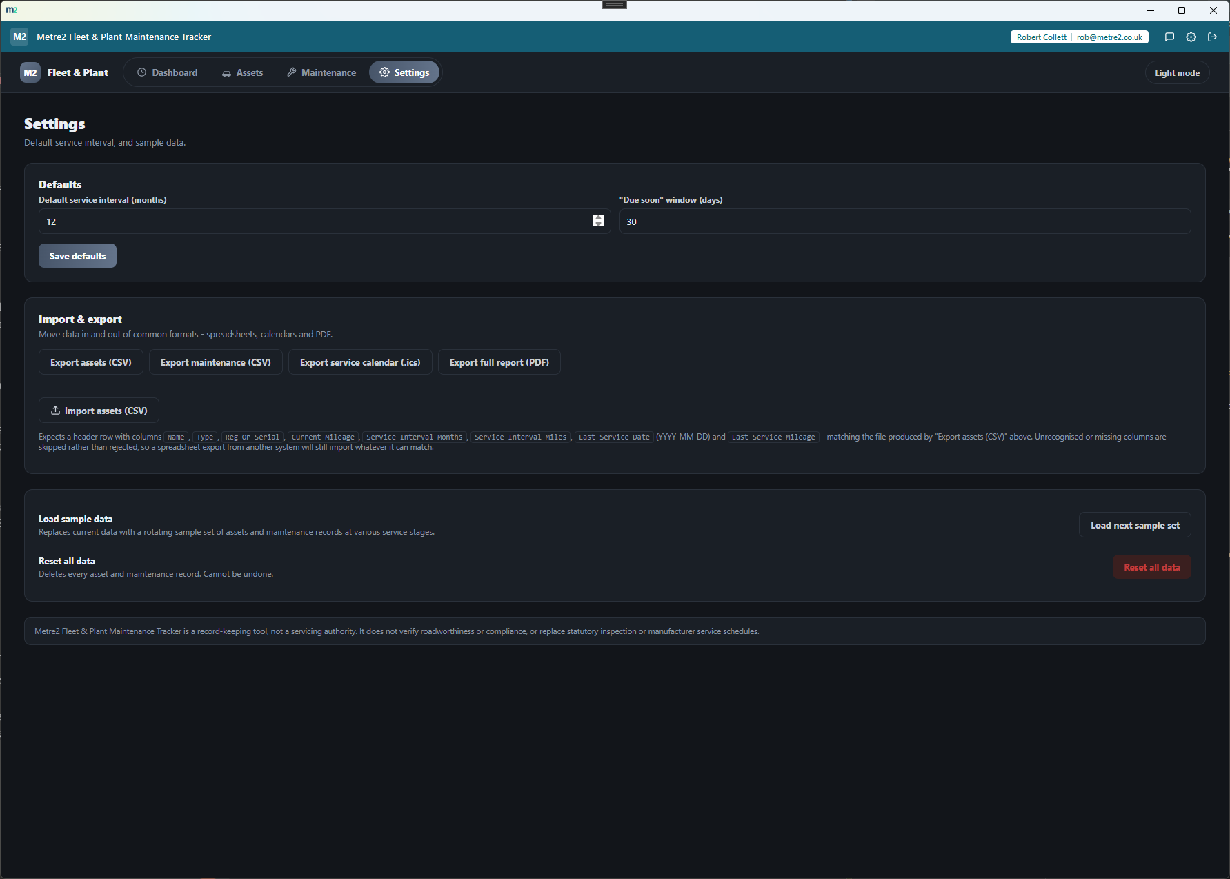 Fleet & Plant Maintenance Tracker's Settings page showing default service interval, CSV/ICS/PDF import and export options, and sample data controls