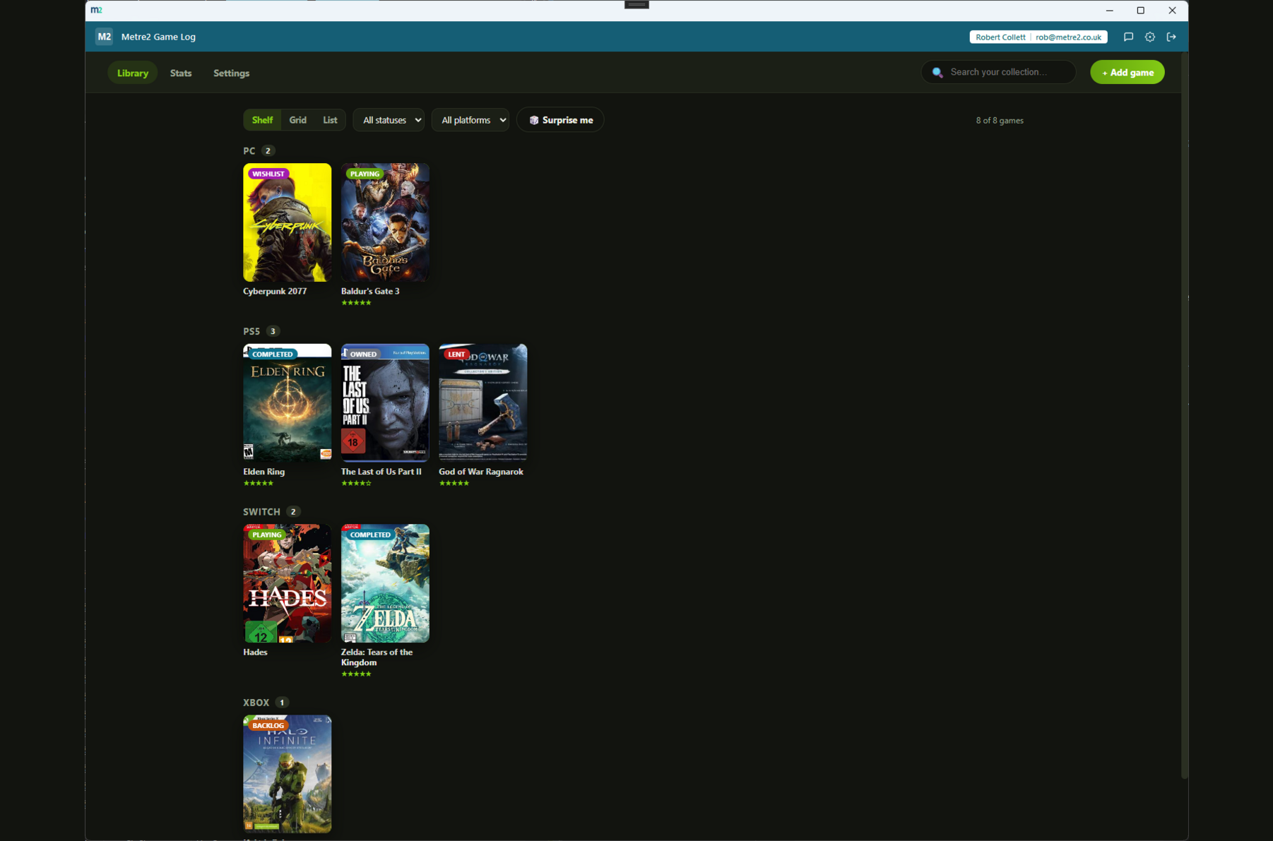 Game Log's Shelf view grouping the collection by platform (PC, PS5, Switch, Xbox) with cover-art tiles and status pips