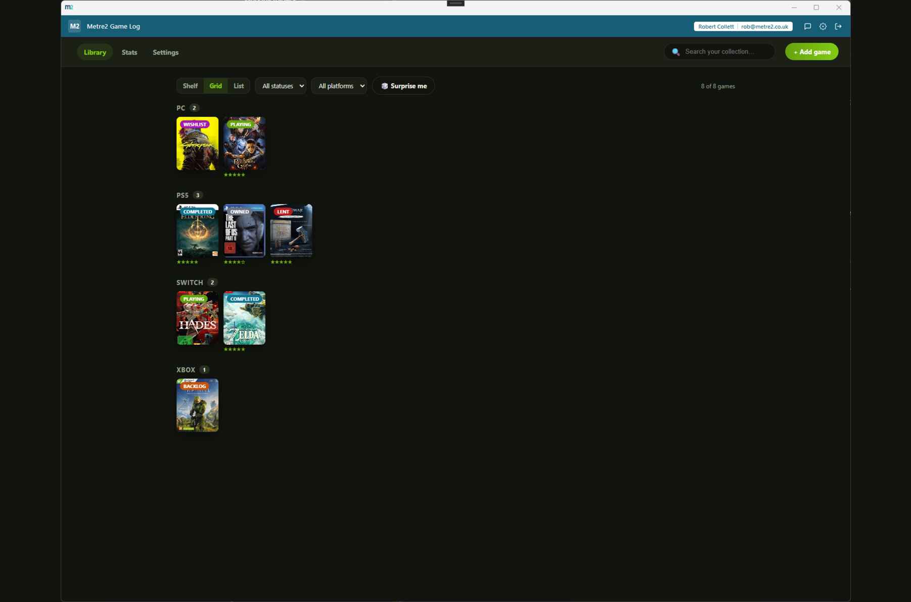 Game Log's Grid view showing a dense cover-art-only layout for scanning a large collection quickly