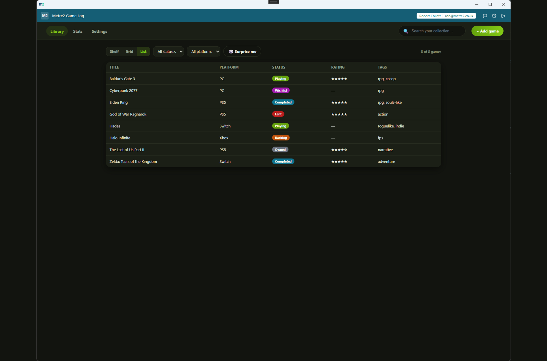 Game Log's List view showing a sortable table with title, platform, status, rating and tags