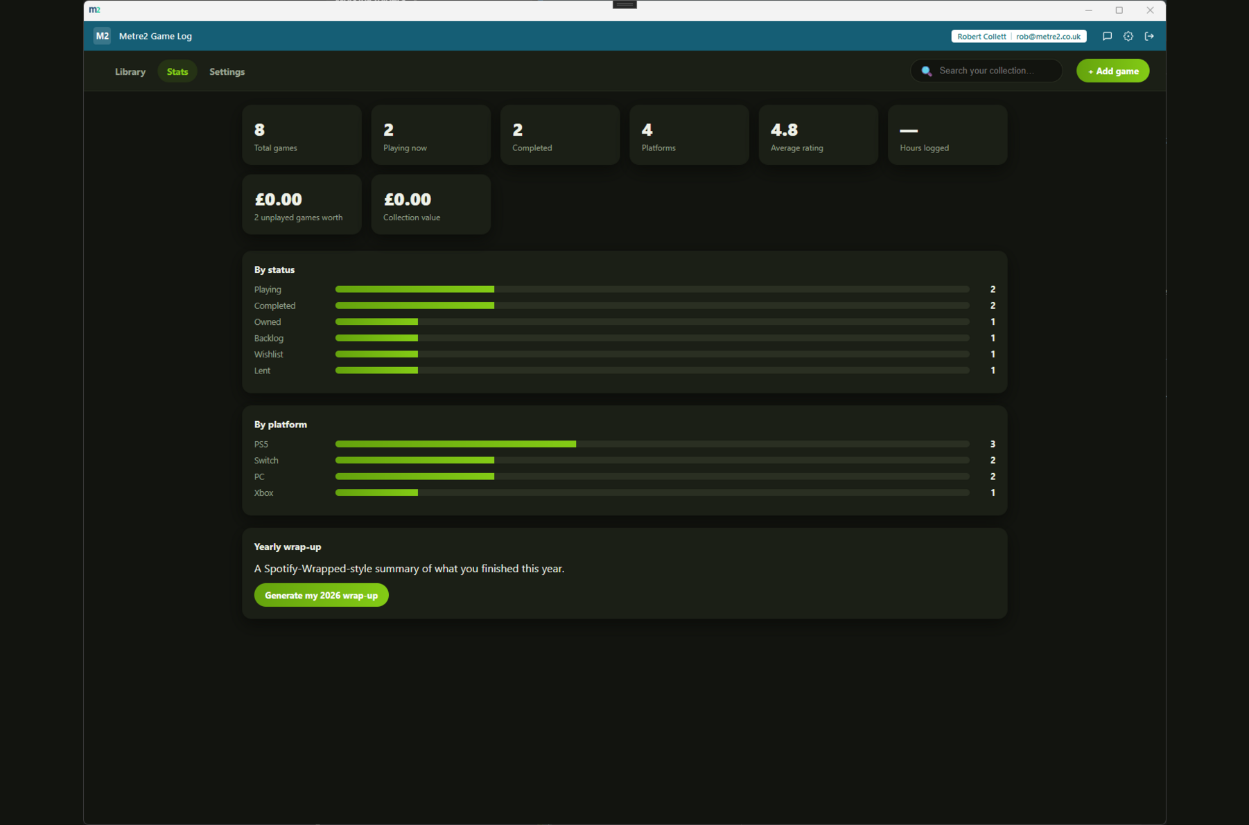 Game Log's Stats page showing totals, average rating, collection value and a status/platform breakdown