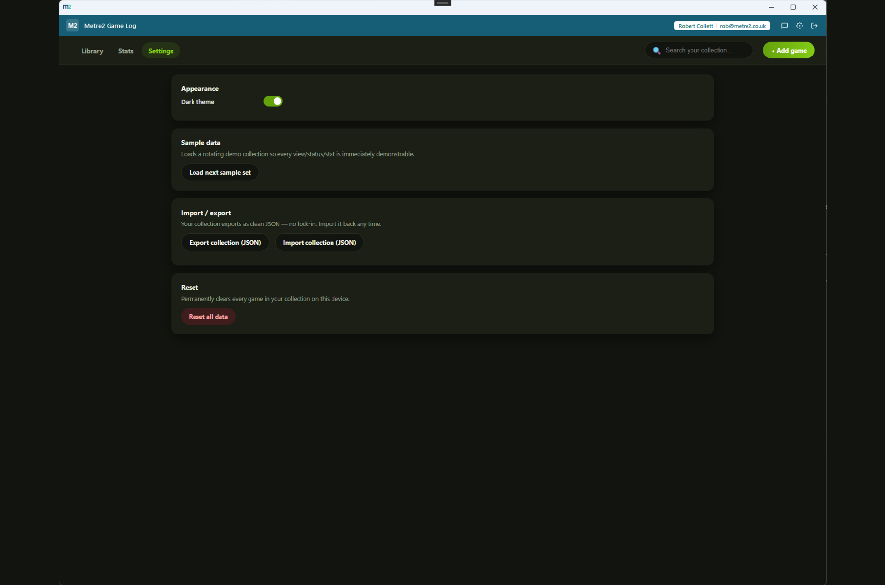 Game Log's Settings page showing appearance, sample data, import/export and reset controls