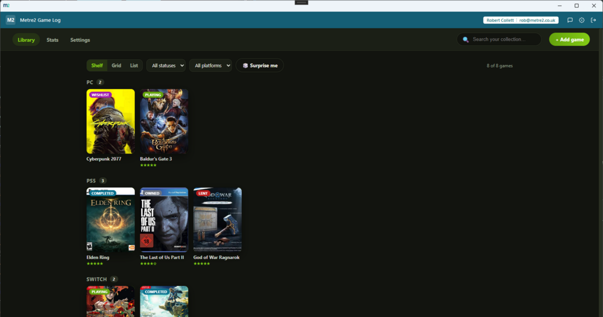 Metre2 Game Log's Library page showing the Shelf view grouped by platform with cover-art tiles and status pips
