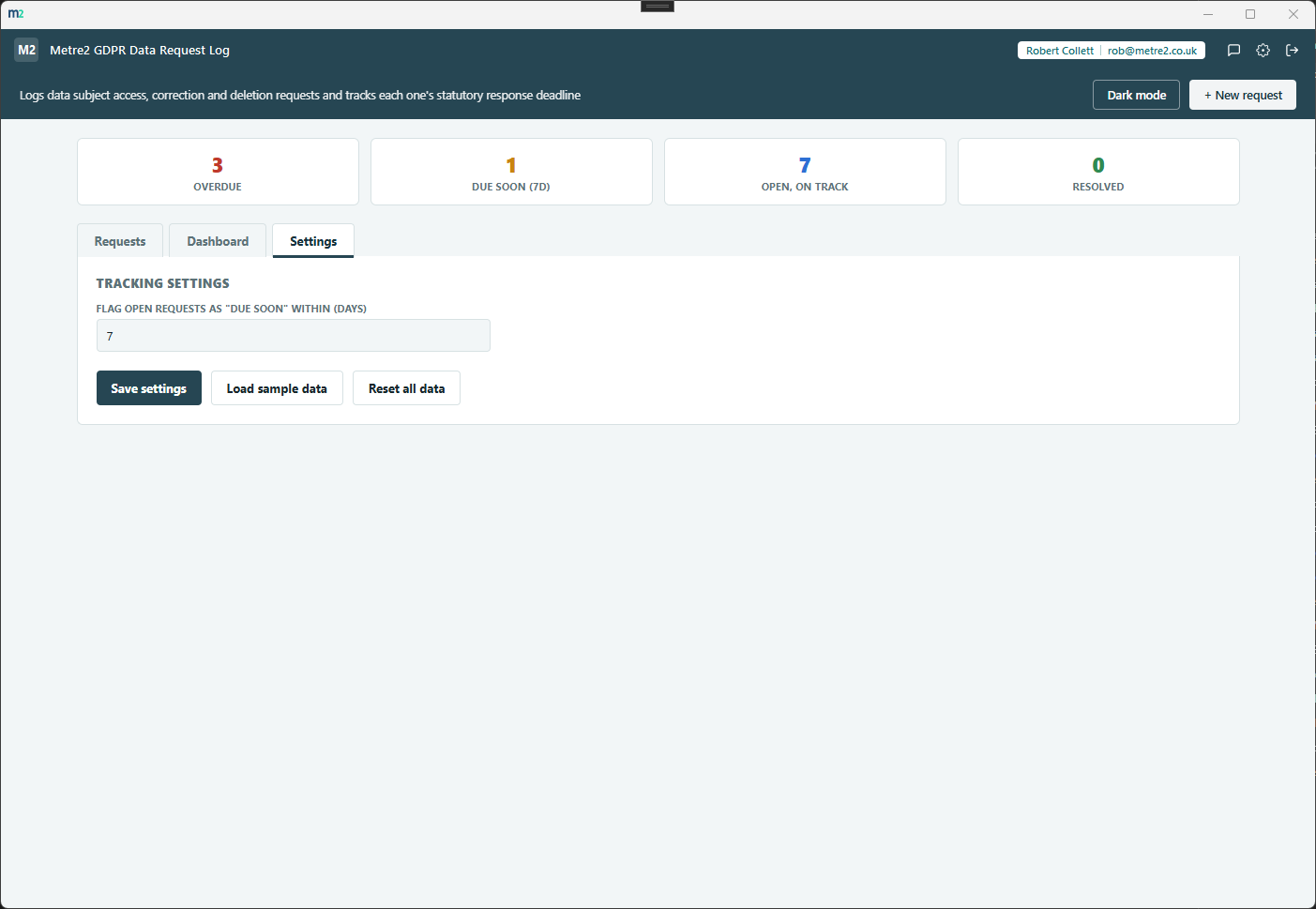 Metre2 GDPR Data Request Log's Settings tab, showing the due-soon threshold, sample data and reset controls
