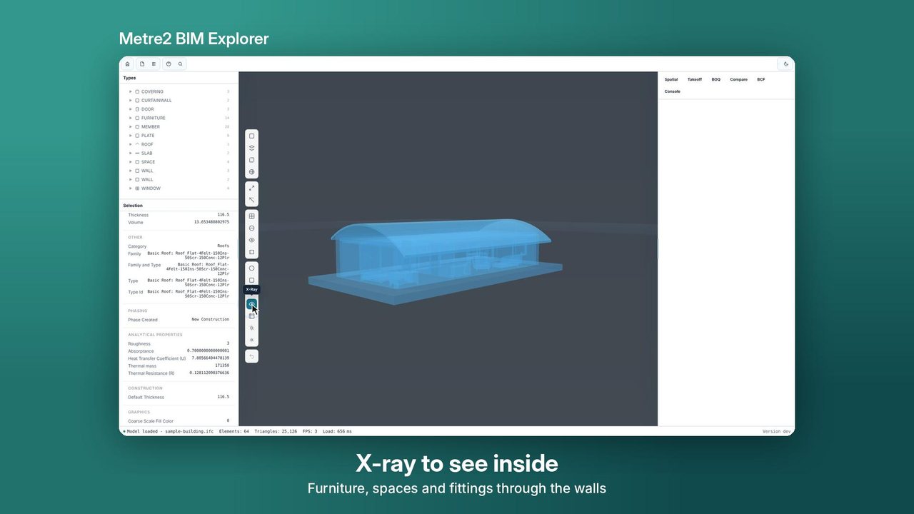 BIM Explorer opening an IFC model, selecting a door and showing its properties