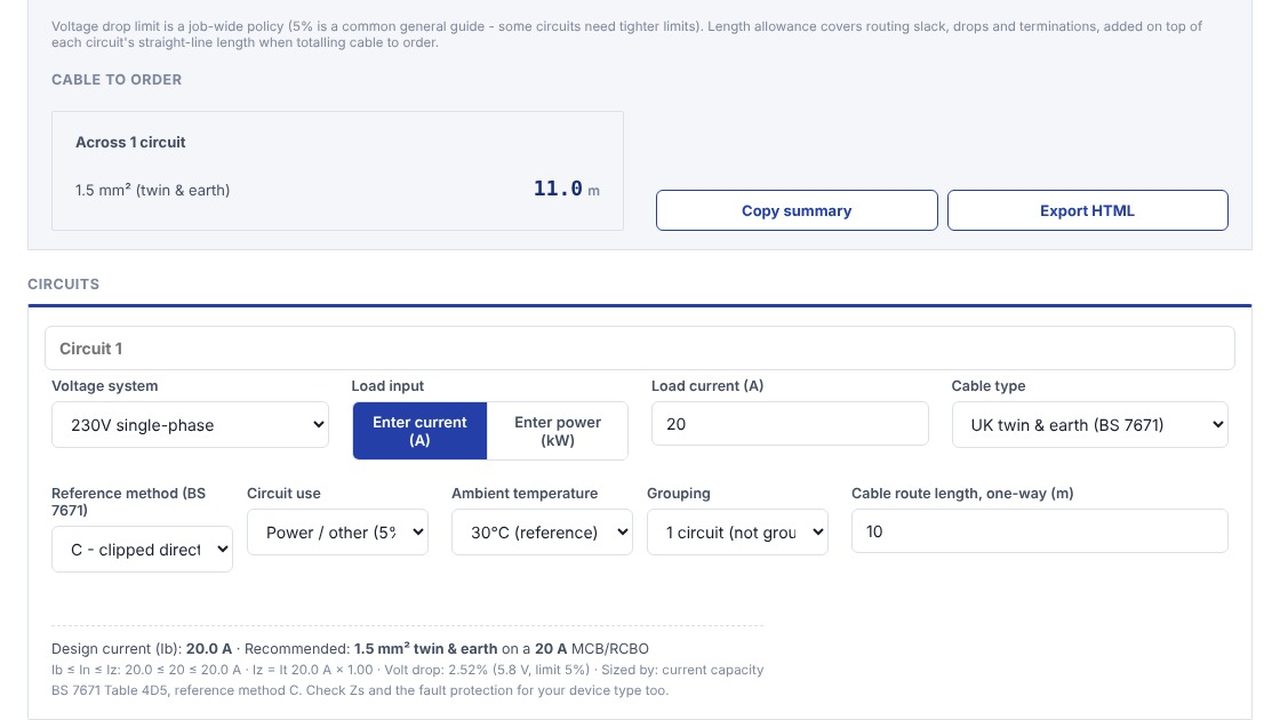 Switch to UK twin and earth - Cable Sizing Calculator