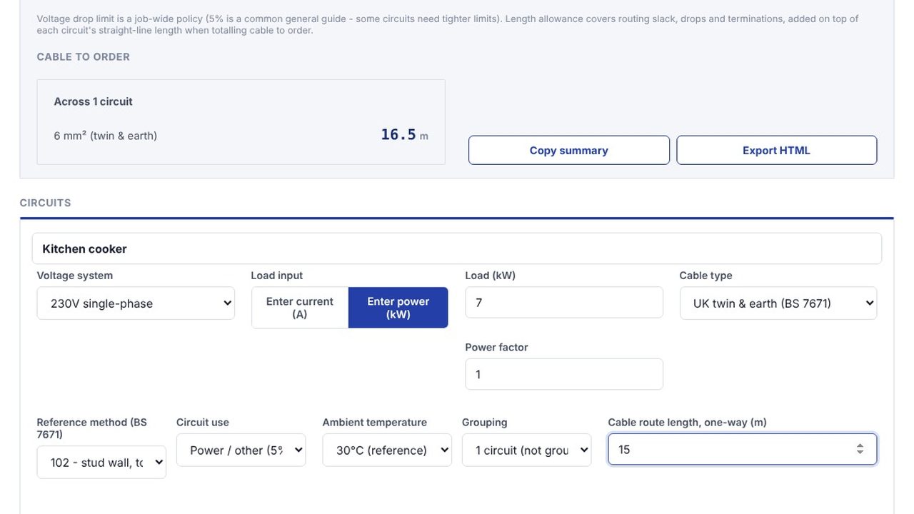 Pick the reference method and length - Cable Sizing Calculator