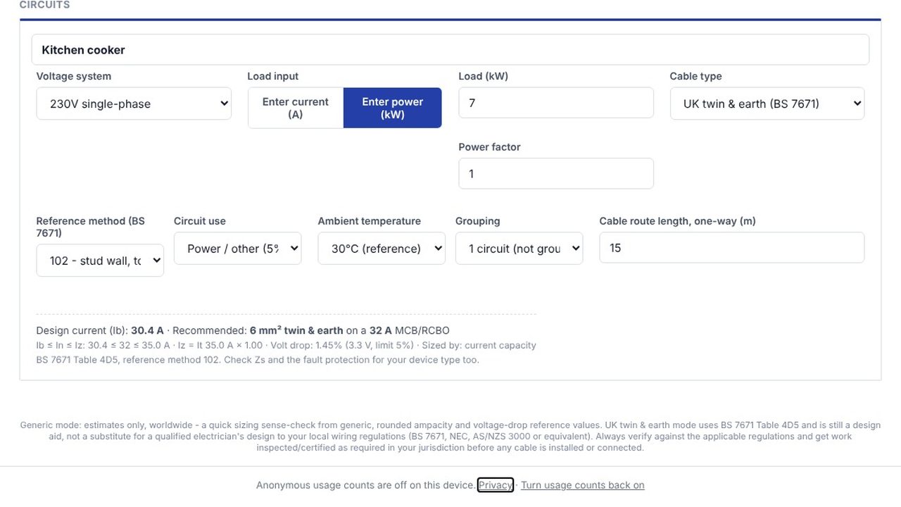 Read the cable and breaker - Cable Sizing Calculator