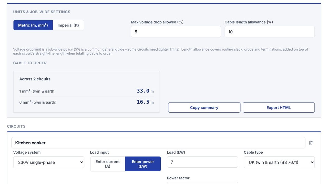 Total the cable to order - Cable Sizing Calculator
