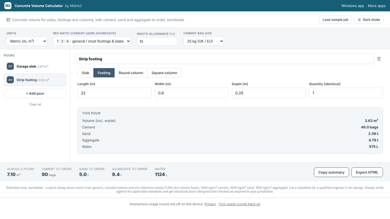 Copy or export the summary - Concrete Volume Calculator
